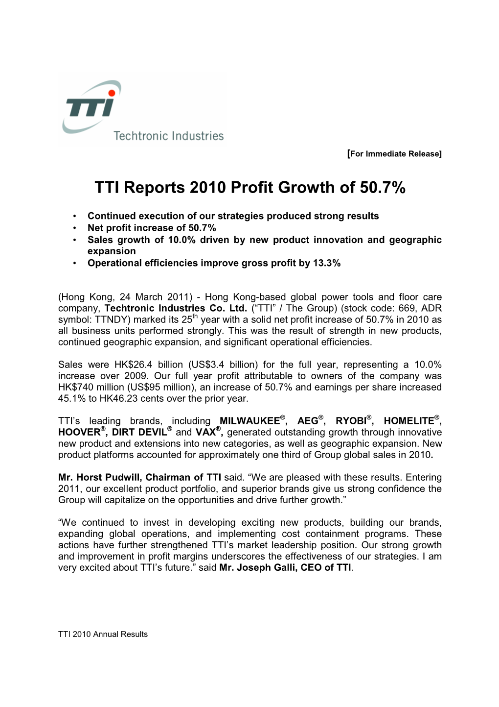 TTI Reports 2010 Profit Growth of 50.7%