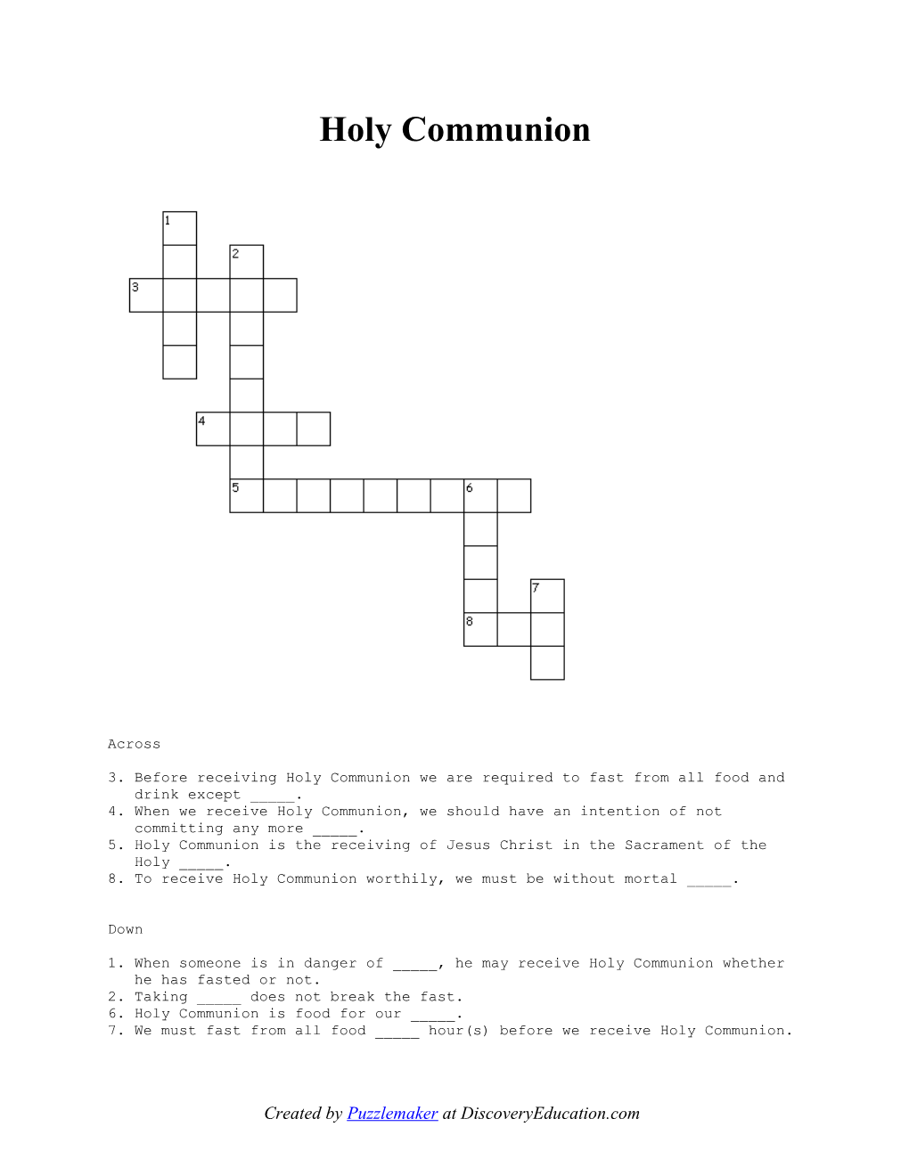 Holy Communion Crossword