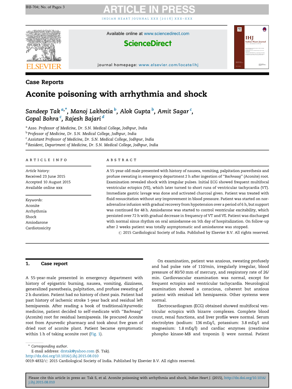 Aconite Poisoning with Arrhythmia and Shock