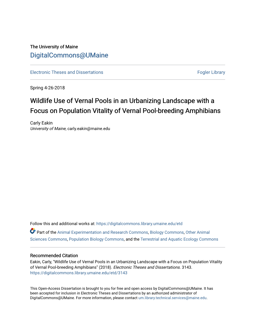 Wildlife Use of Vernal Pools in an Urbanizing Landscape with a Focus on Population Vitality of Vernal Pool-Breeding Amphibians