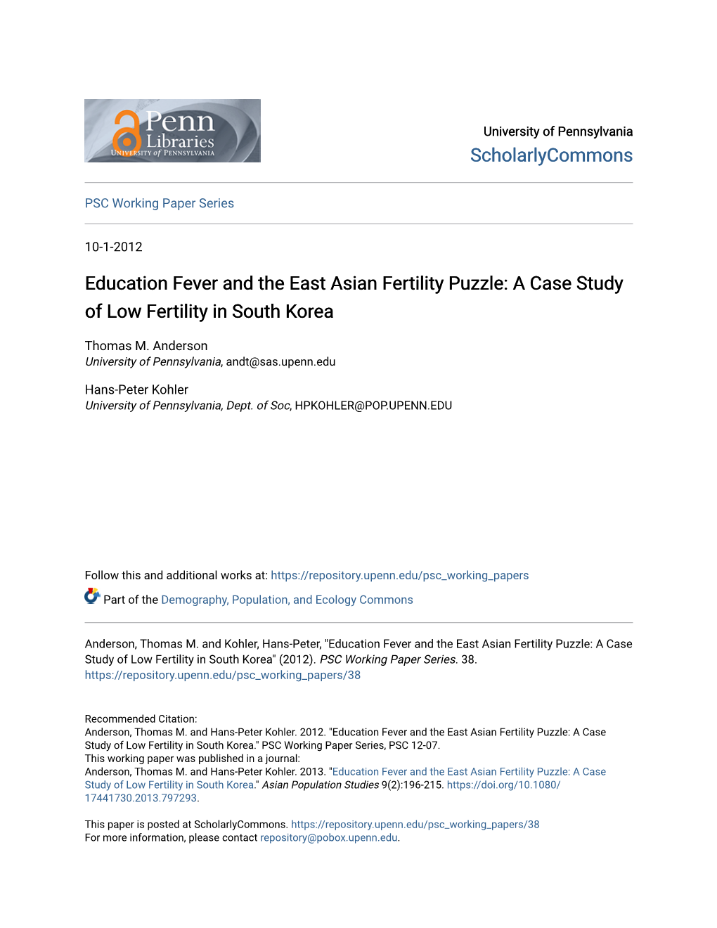 Education Fever and the East Asian Fertility Puzzle: a Case Study of Low Fertility in South Korea