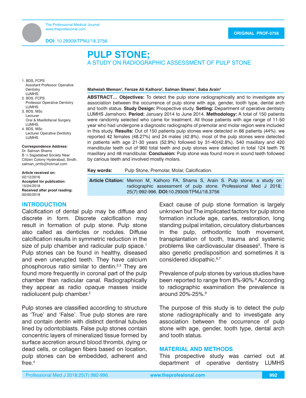 Pulp Stone; a Study on Radiographic Assessment of Pulp Stone