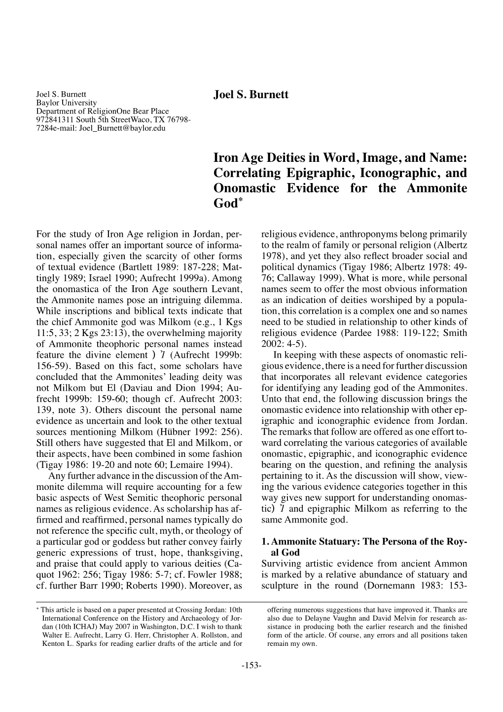 Iron Age Deities in Word, Image, and Name: Correlating Epigraphic, Iconographic, and Onomastic Evidence for the Ammonite God*