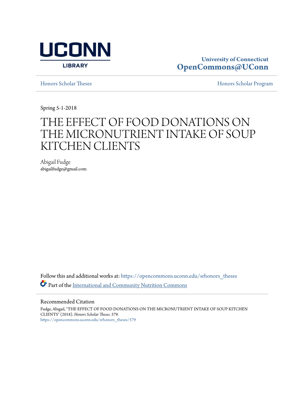 THE EFFECT of FOOD DONATIONS on the MICRONUTRIENT INTAKE of SOUP KITCHEN CLIENTS Abigail Fudge Abigailfudge@Gmail.Com