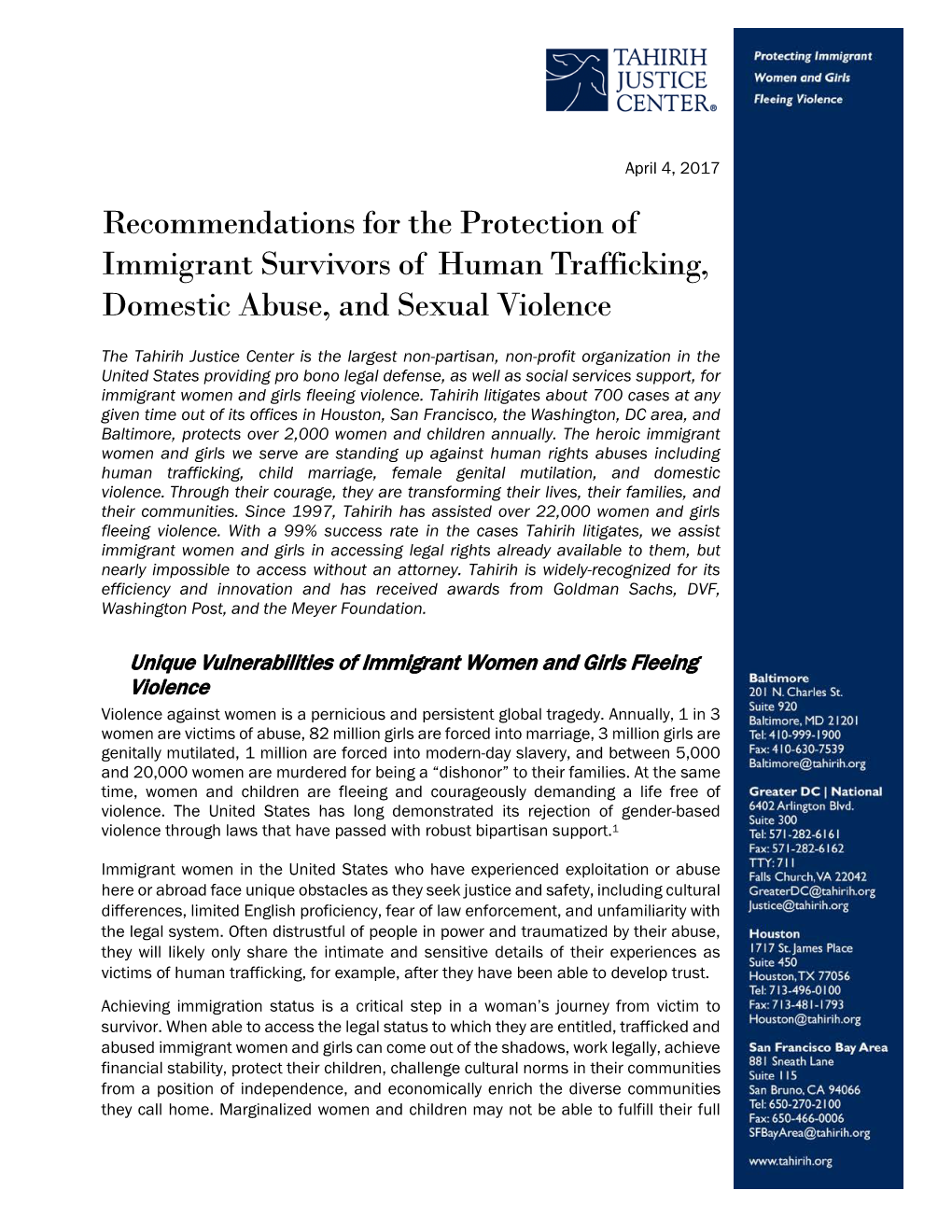 Recommendations for the Protection of Immigrant Survivors of Human Trafficking, Domestic Abuse, and Sexual Violence
