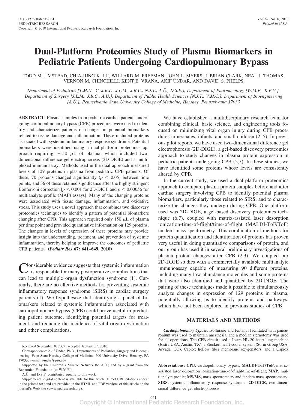 Dual-Platform Proteomics Study of Plasma Biomarkers in Pediatric Patients Undergoing Cardiopulmonary Bypass