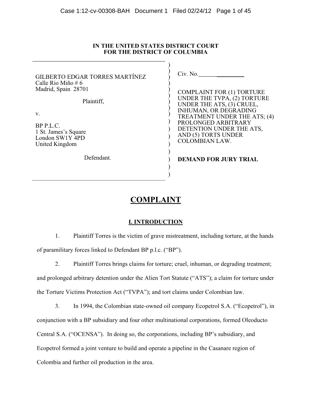 COMPLAINT for (1) TORTURE ) UNDER the TVPA, (2) TORTURE Plaintiff, ) UNDER the ATS, (3) CRUEL, ) INHUMAN, OR DEGRADING V