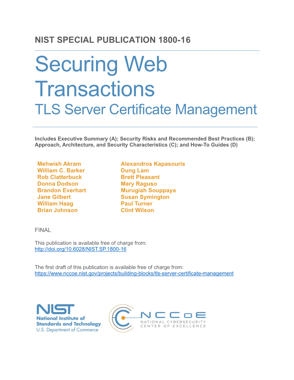 NIST SP 1800-16B: Securing Web Transactions: TLS Server Certificate Management I