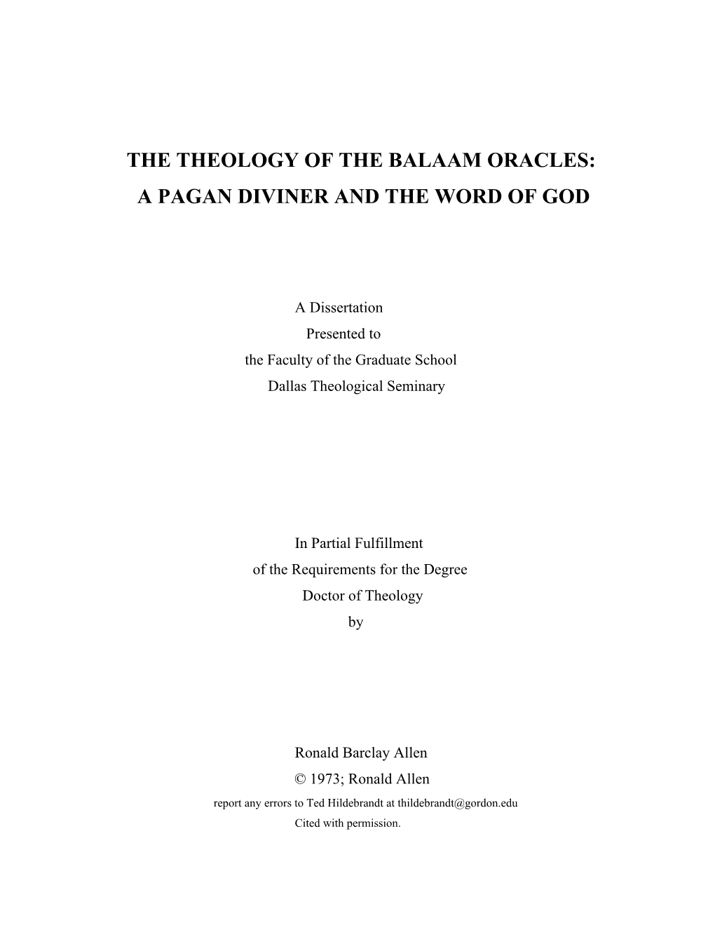 The Theology of the Balaam Oracles: a Pagan Diviner and the Word of God