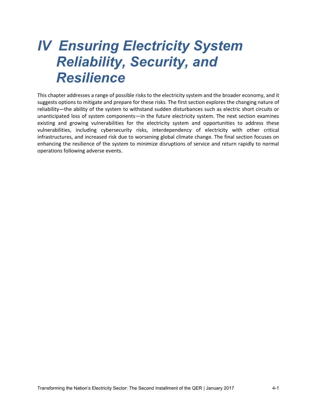 IV Ensuring Electricity System Reliability, Security, and Resilience