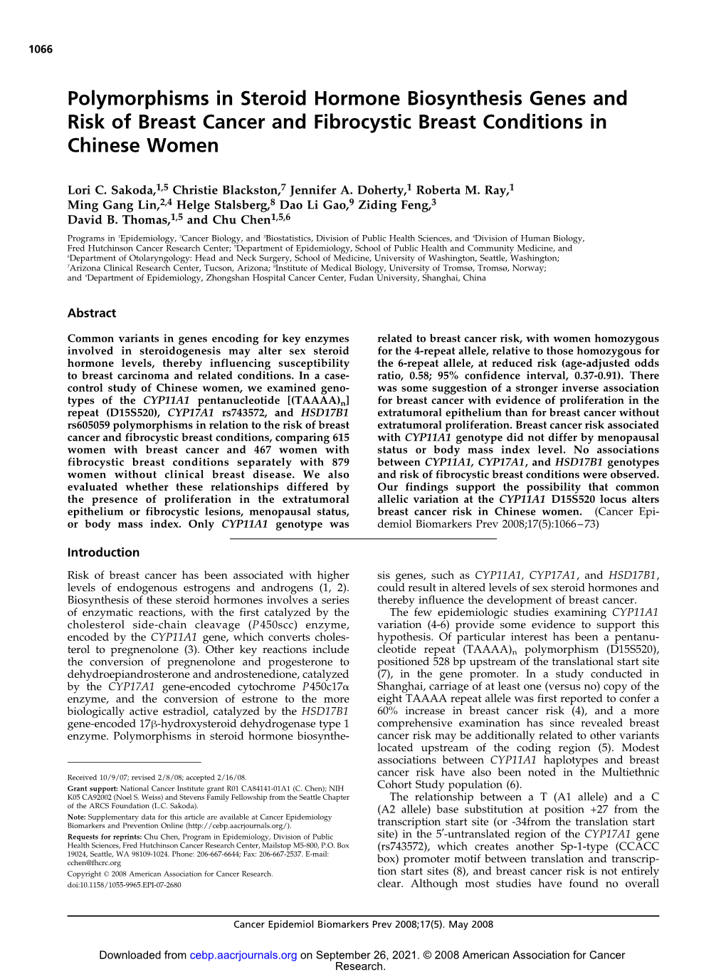 Polymorphisms in Steroid Hormone Biosynthesis Genes and Risk of Breast Cancer and Fibrocystic Breast Conditions in Chinese Women