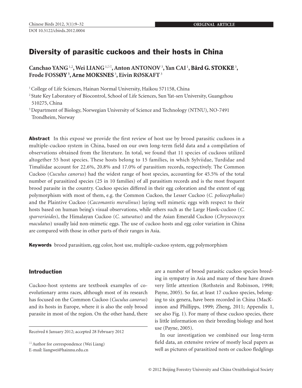 Diversity of Parasitic Cuckoos and Their Hosts in China