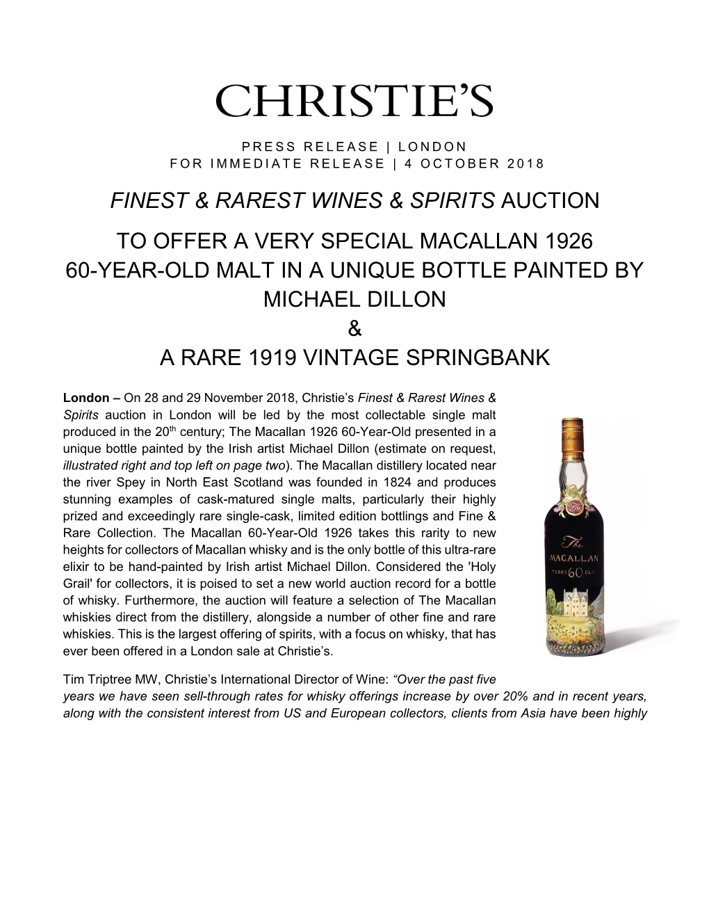 Finest & Rarest Wines & Spirits Auction to Offer a Very Special Macallan 1926 60-Year-Old Malt in a Unique Bottle Paint