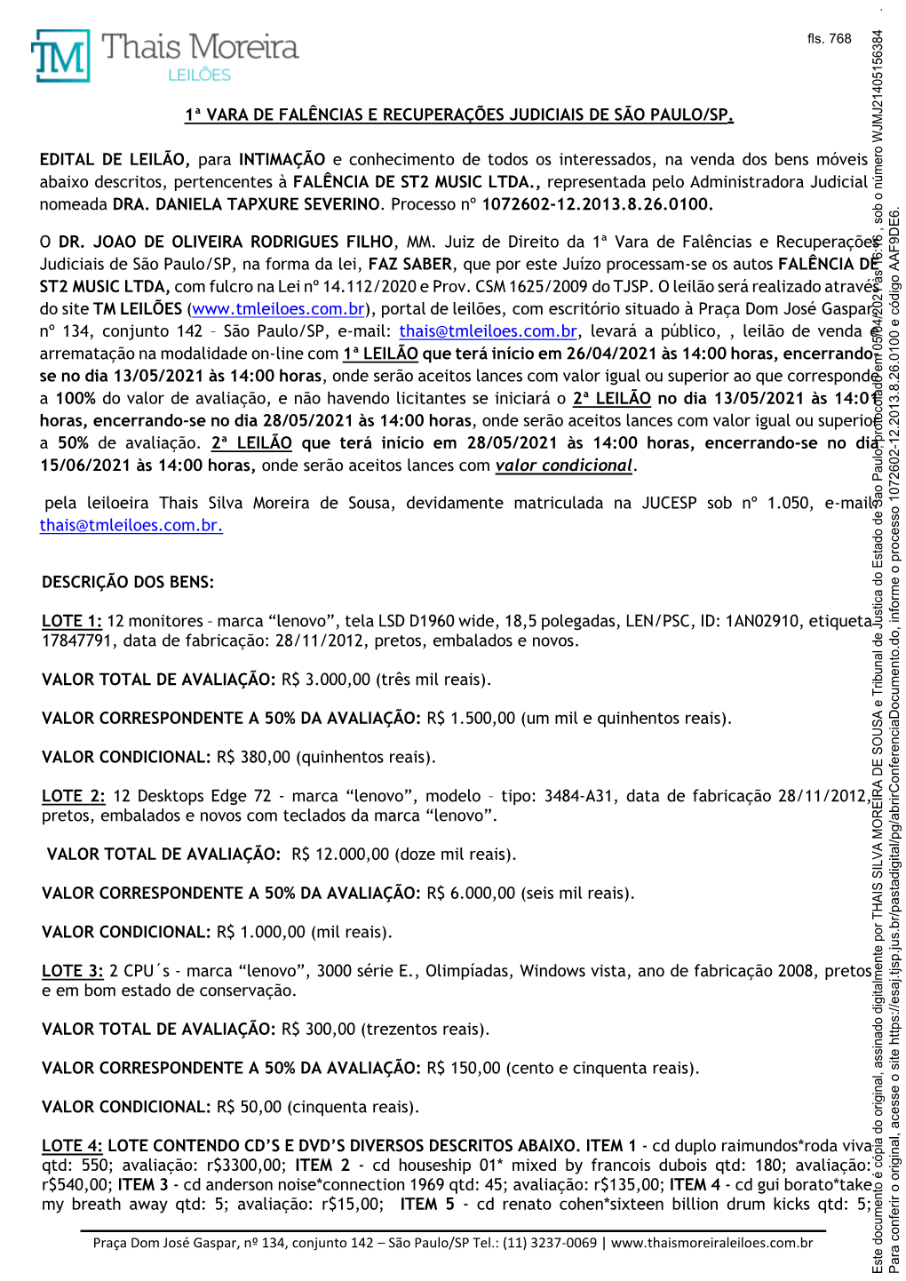 1ª Vara De Falências E Recuperações Judiciais De São Paulo/Sp