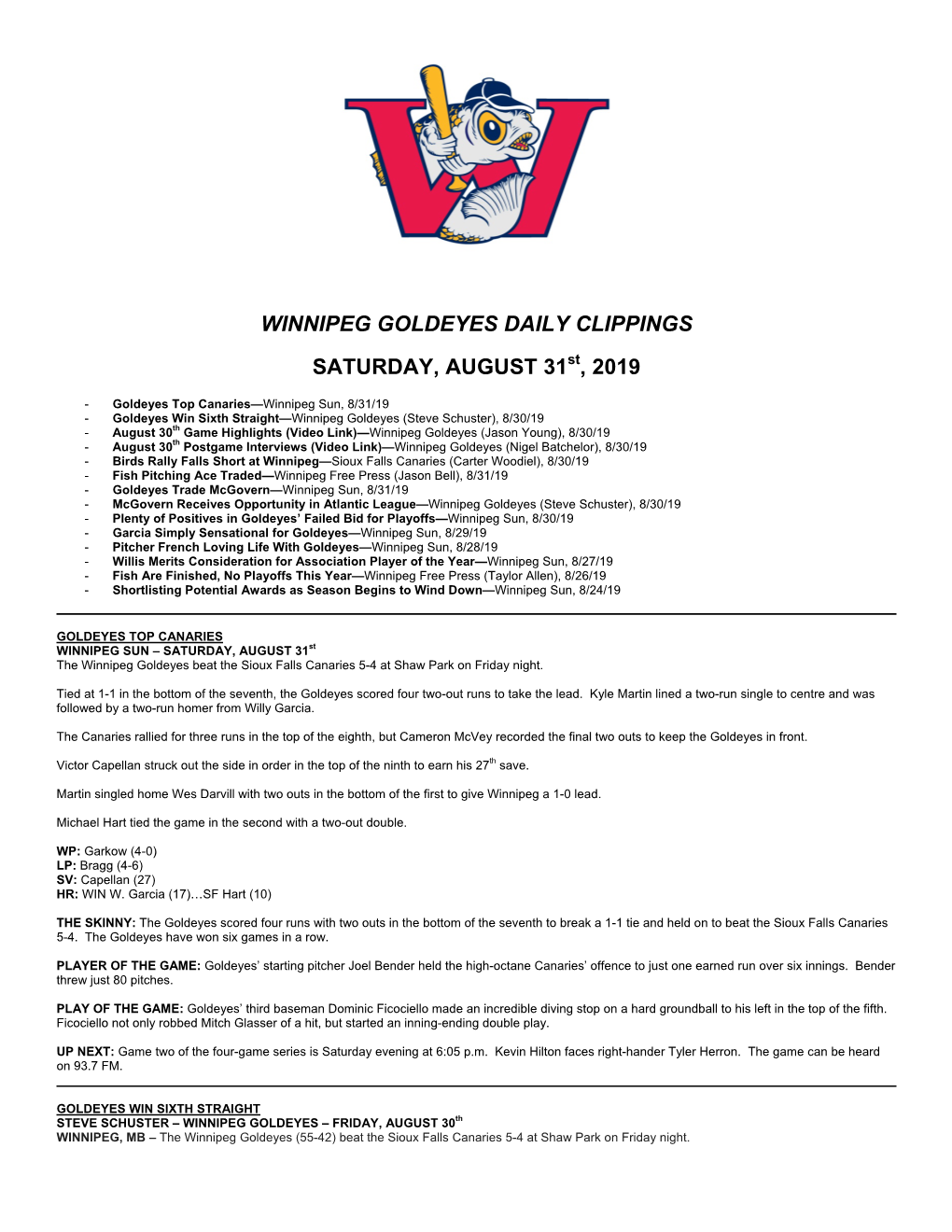 Winnipeg Goldeyes Daily Clippings Saturday, August