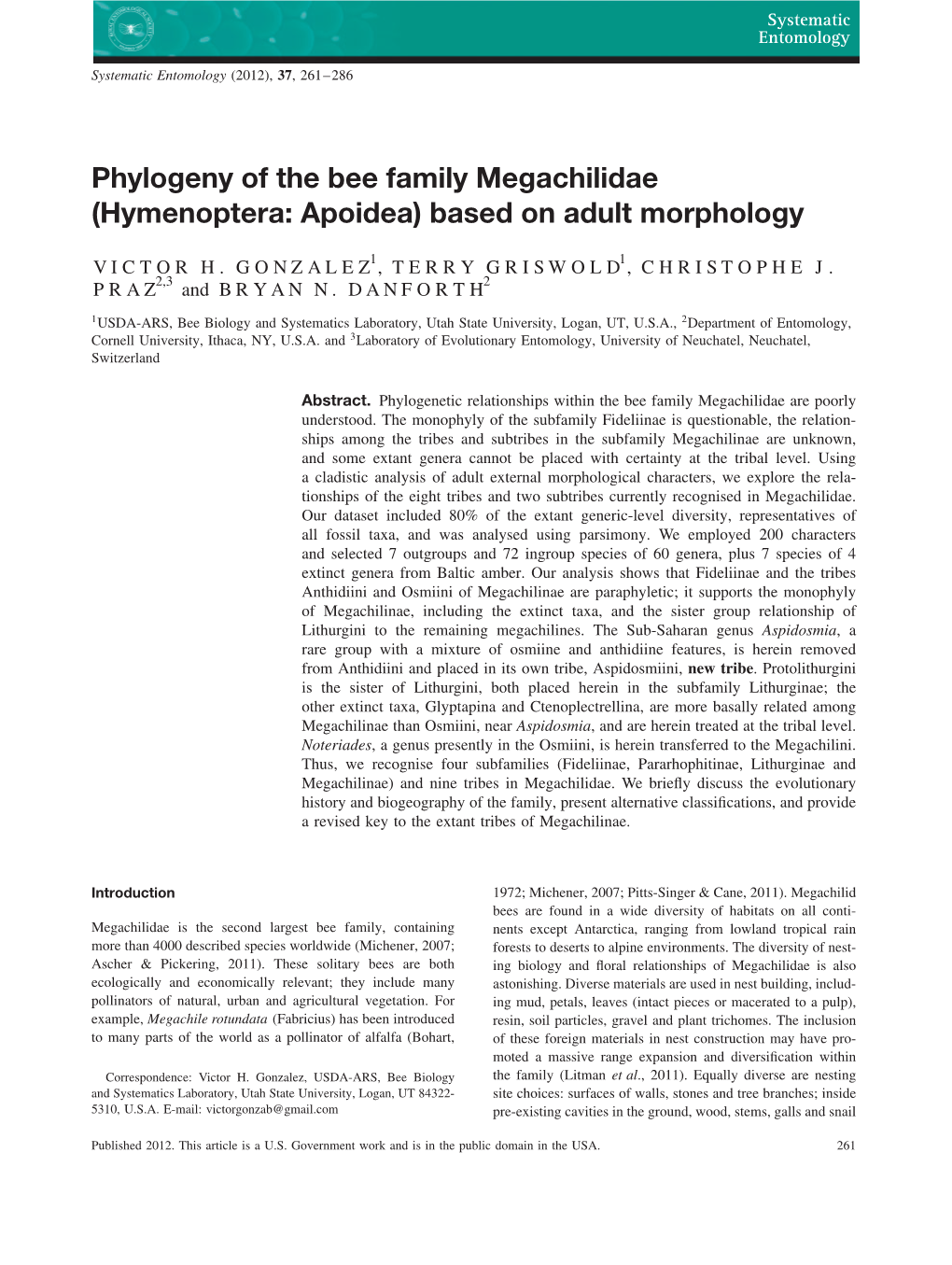 Phylogeny of the Bee Family Megachilidae (Hymenoptera: Apoidea) Based on Adult Morphology