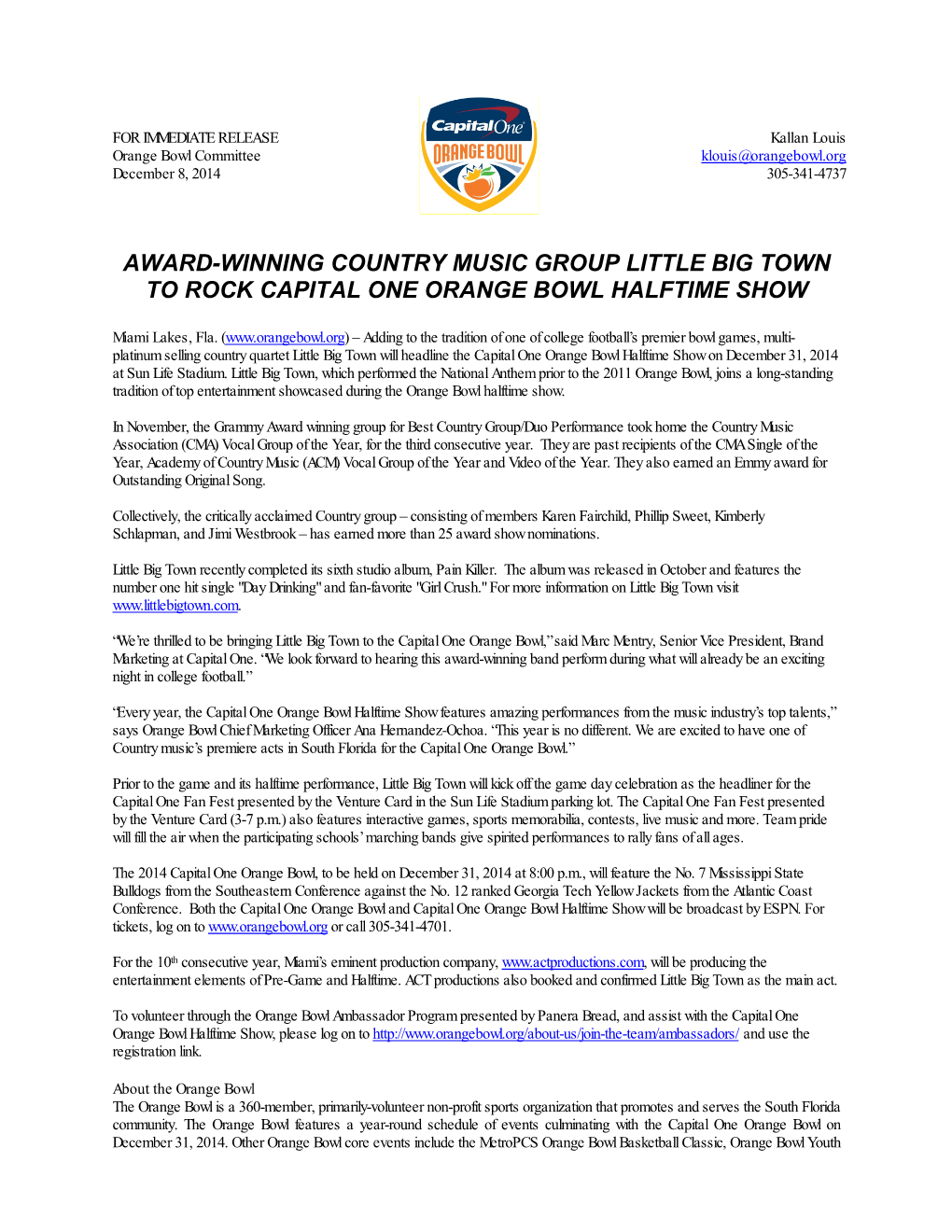 Award-Winning Country Music Group Little Big Town to Rock Capital One Orange Bowl Halftime Show