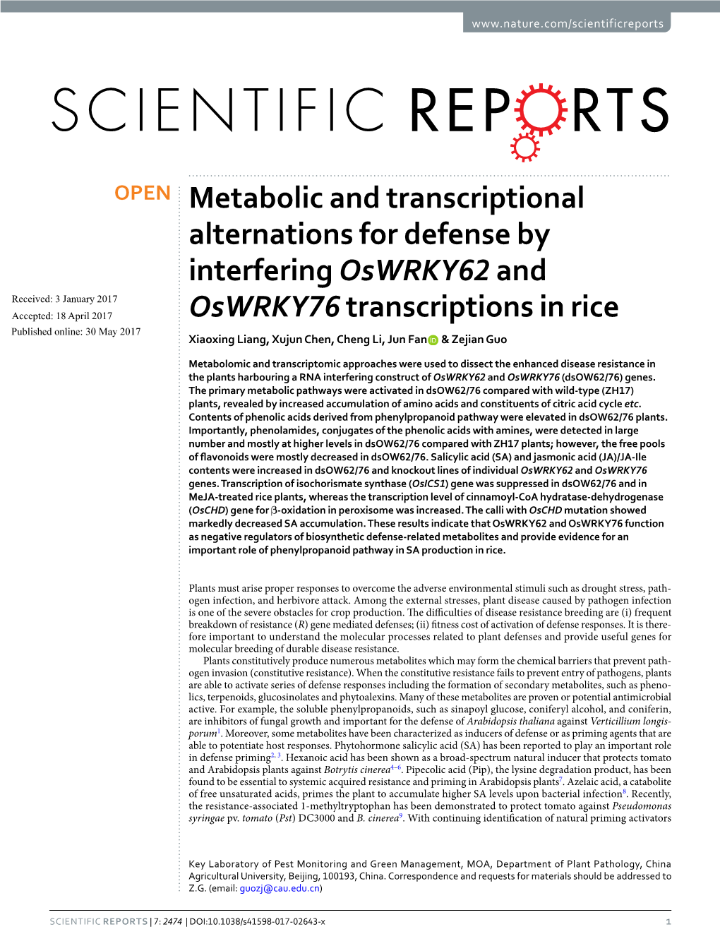 Metabolic and Transcriptional Alternations for Defense By