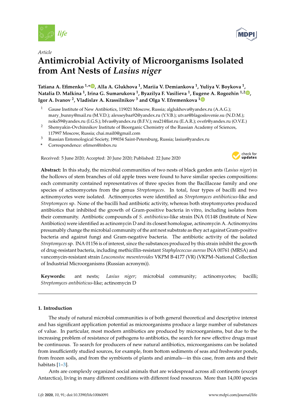 Antimicrobial Activity of Microorganisms Isolated from Ant Nests of Lasius Niger