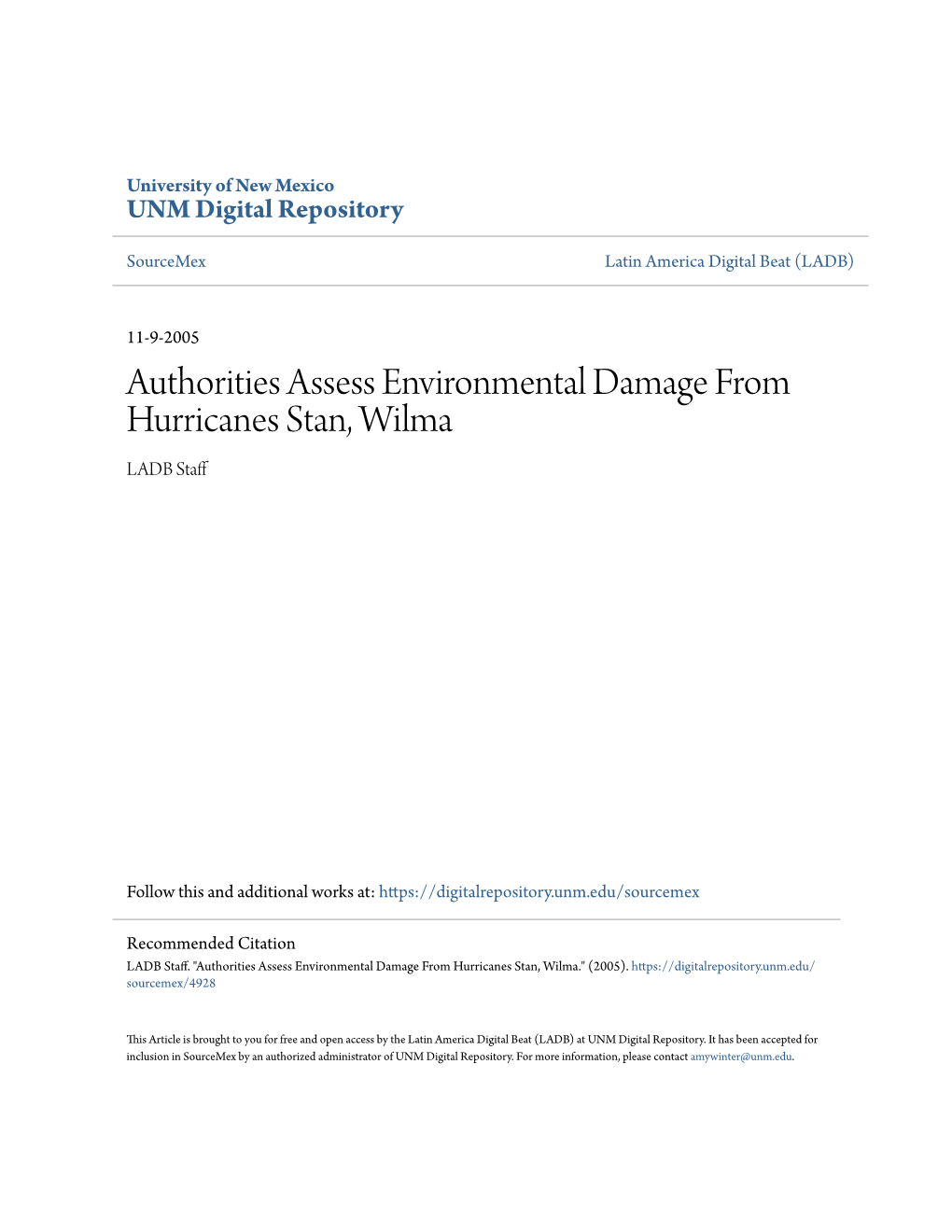 Authorities Assess Environmental Damage from Hurricanes Stan, Wilma LADB Staff