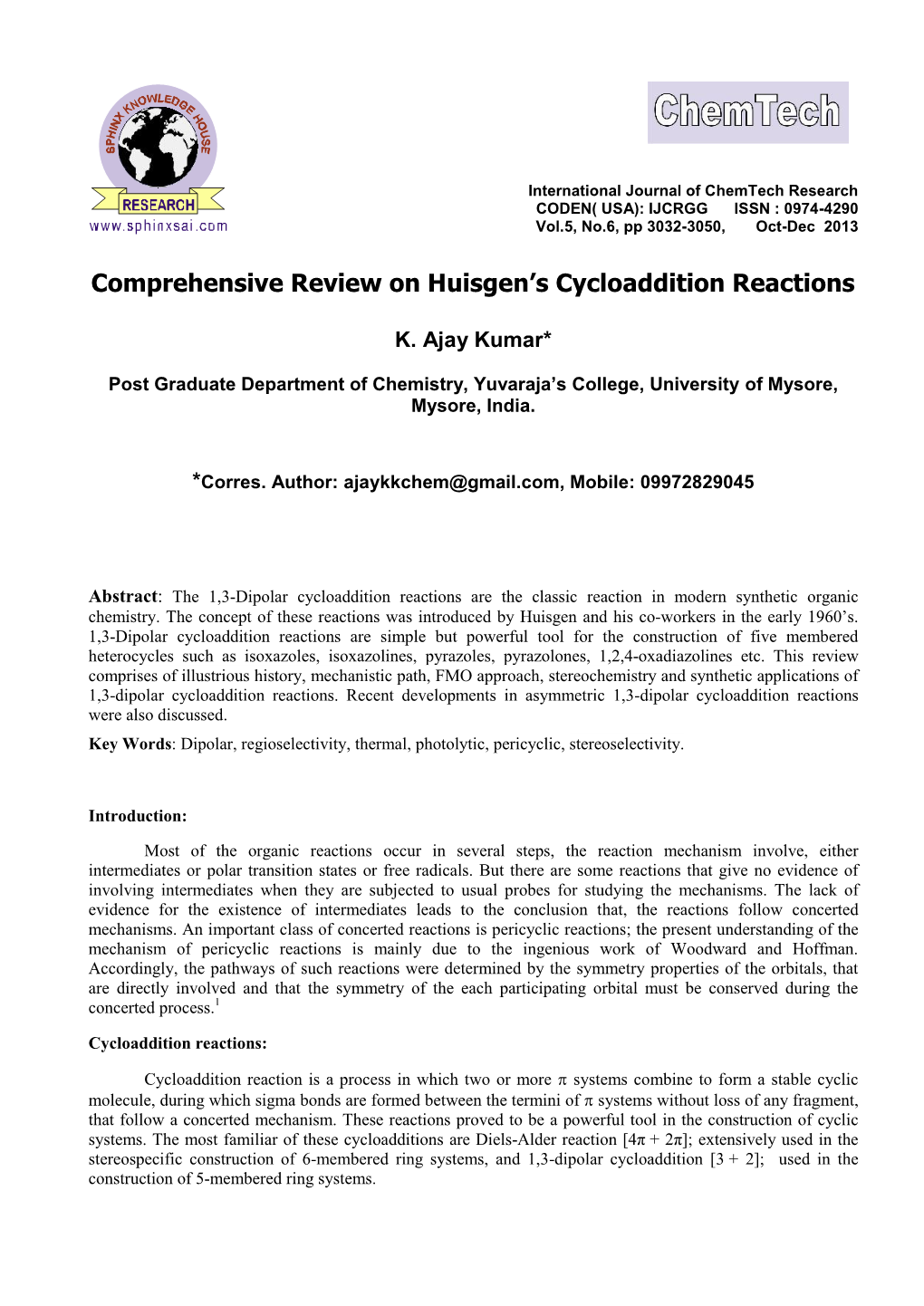 Comprehensive Review on Huisgen's Cycloaddition