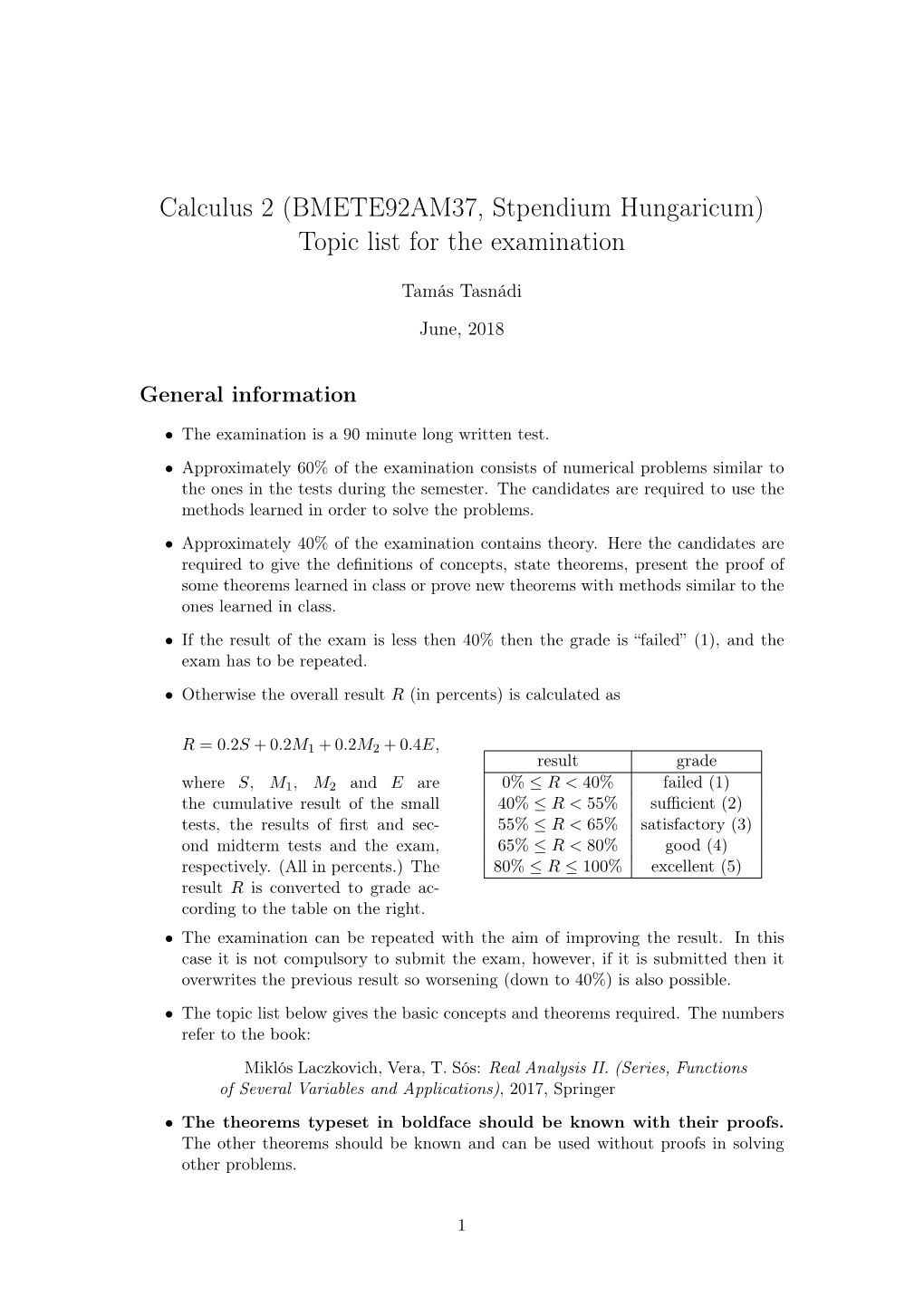 Calculus 2 (BMETE92AM37, Stpendium Hungaricum) Topic List for the Examination