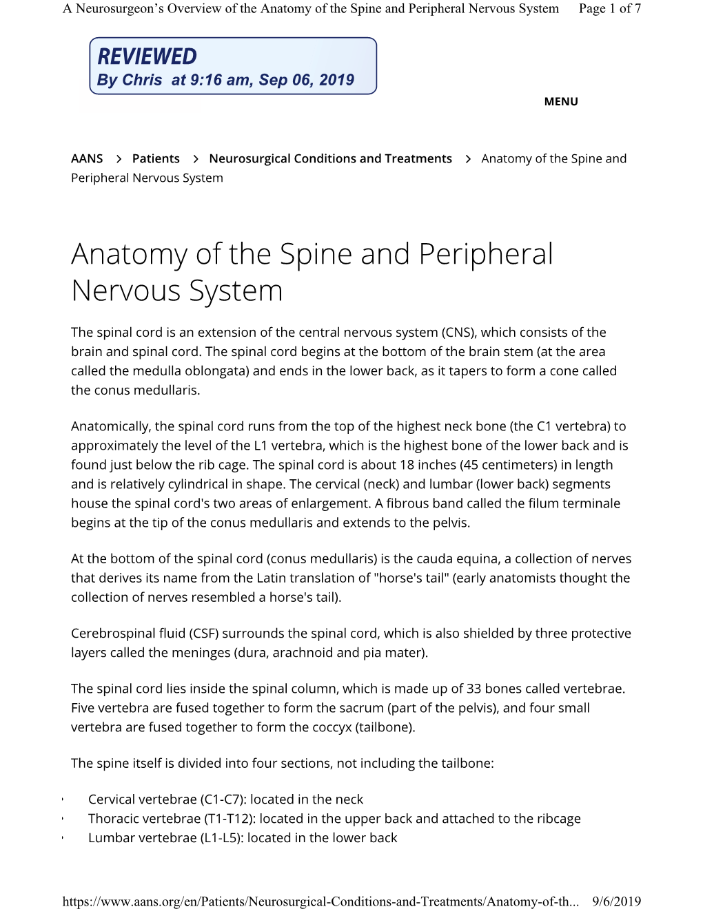 Anatomy of the Spine and Peripheral Nervous System Page 1 of 7