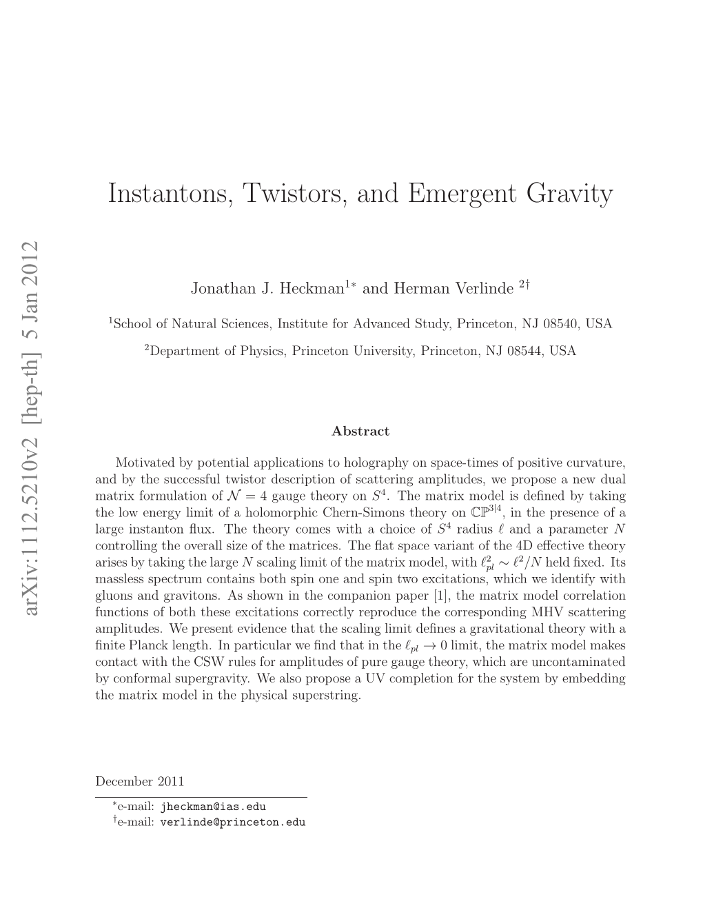 Instantons, Twistors, and Emergent Gravity