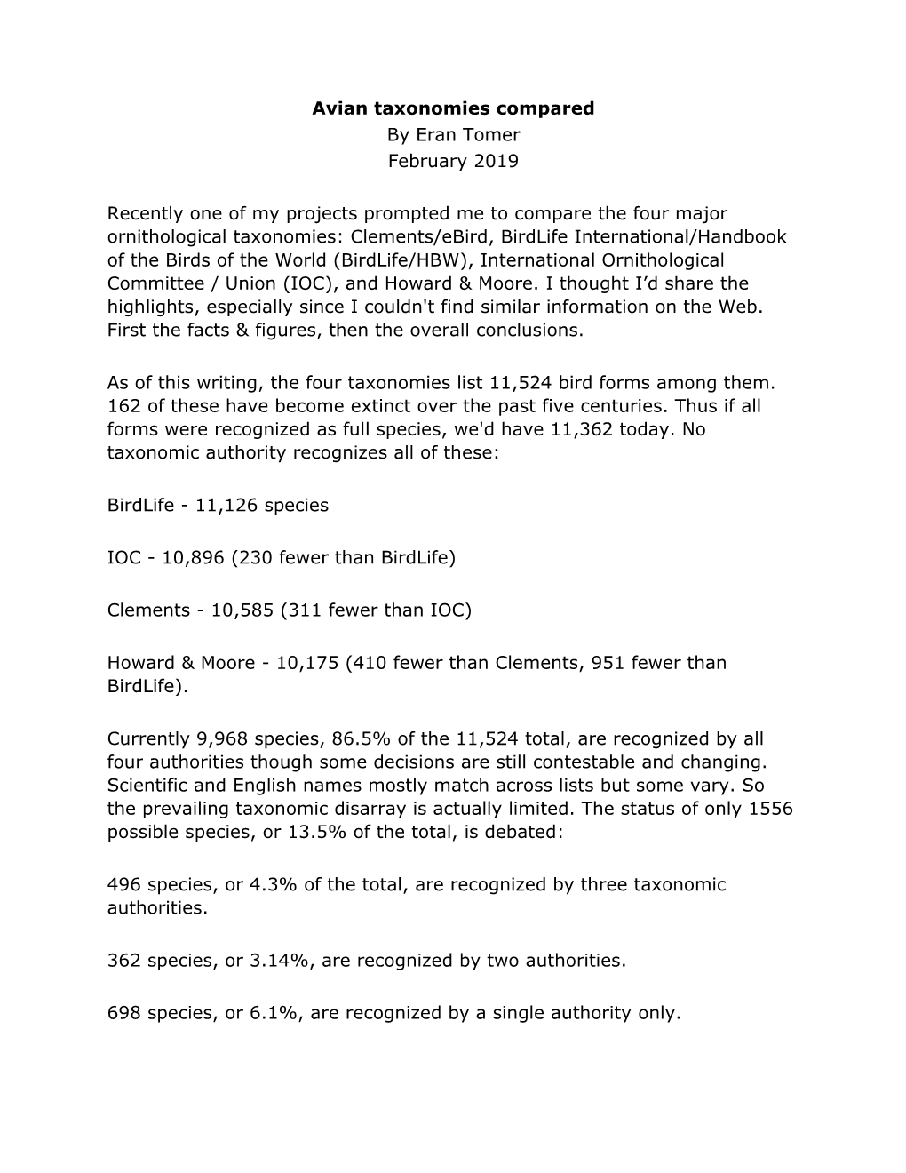 Avian Taxonomies Compared by Eran Tomer February 2019 Recently One