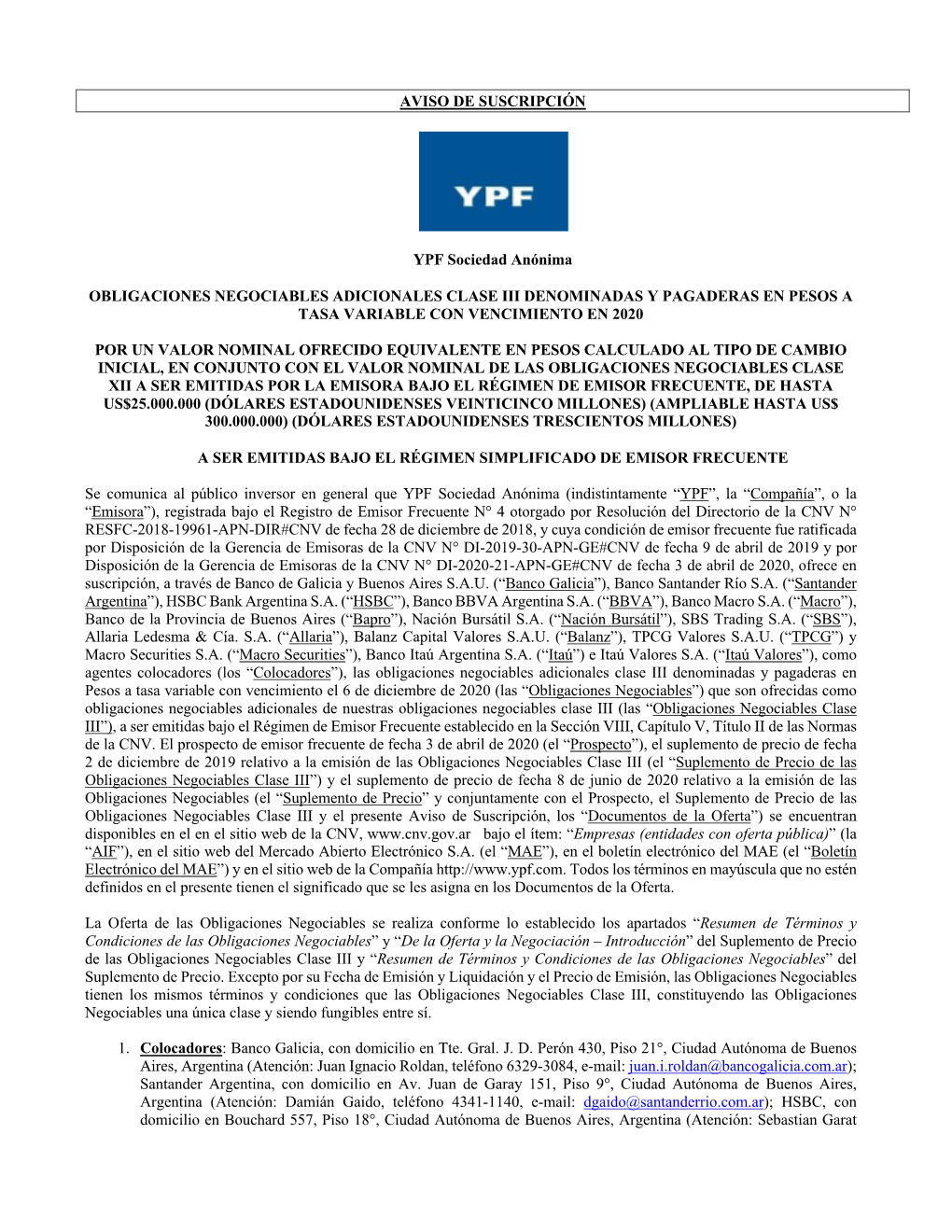 AVISO DE SUSCRIPCIÓN YPF Sociedad Anónima