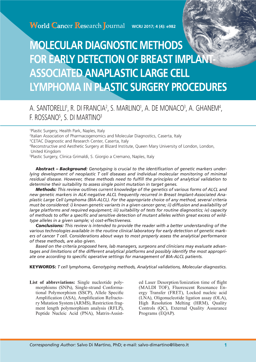 Molecular Diagnostic Methods for Early Detection of Breast Implant- Associated Anaplastic Large Cell Lymphoma in Plastic Surgery Procedures