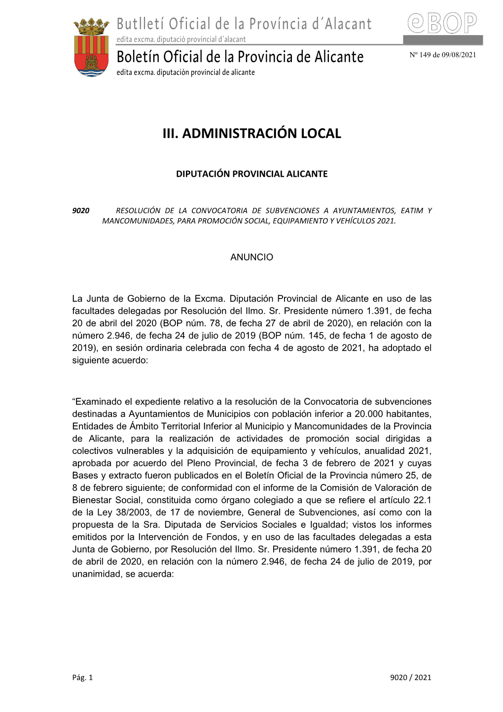 Butlletí Oficial De La Província D´Alacant Boletín Oficial De La