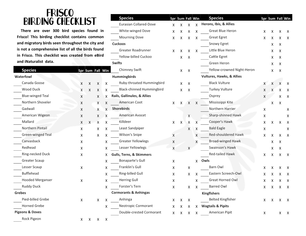 Frisco Birding Checklist (PDF)