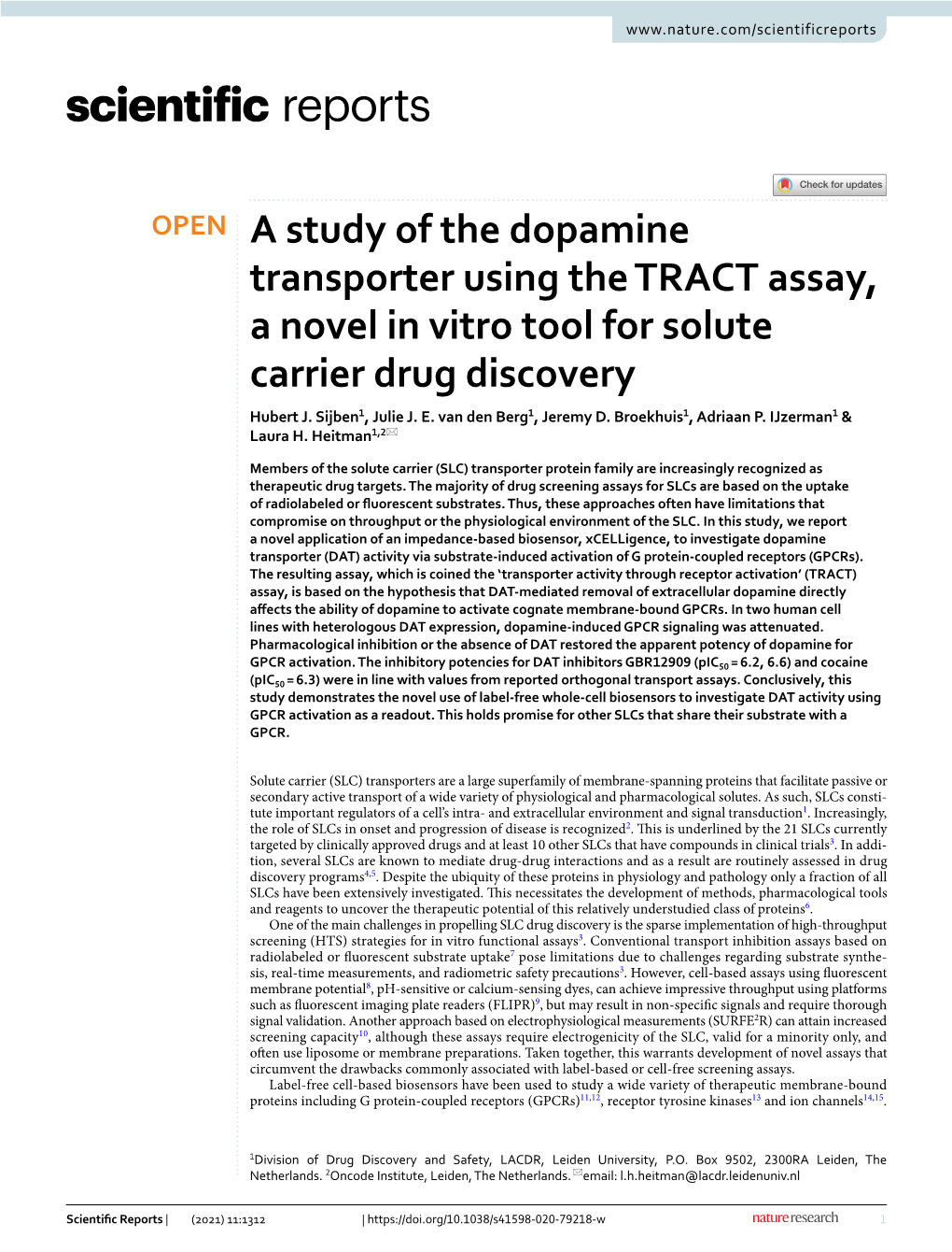 A Study of the Dopamine Transporter Using the TRACT Assay, a Novel in Vitro Tool for Solute Carrier Drug Discovery Hubert J