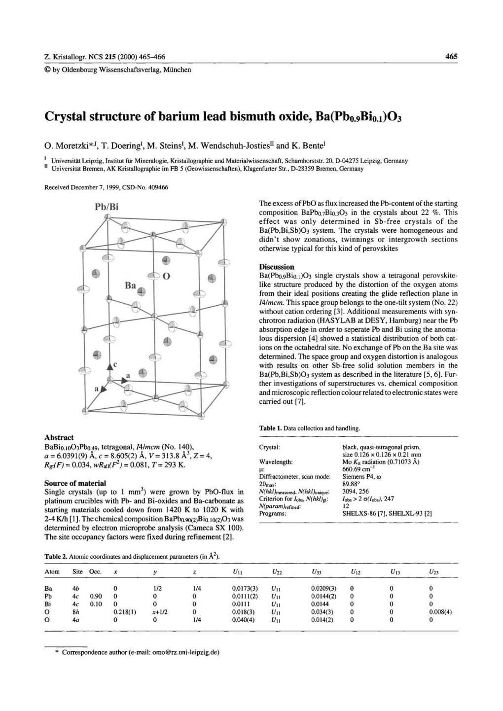 Crystal Structure of Barium Lead Bismuth Oxide, Ba(Pbo.9Bio.I)03