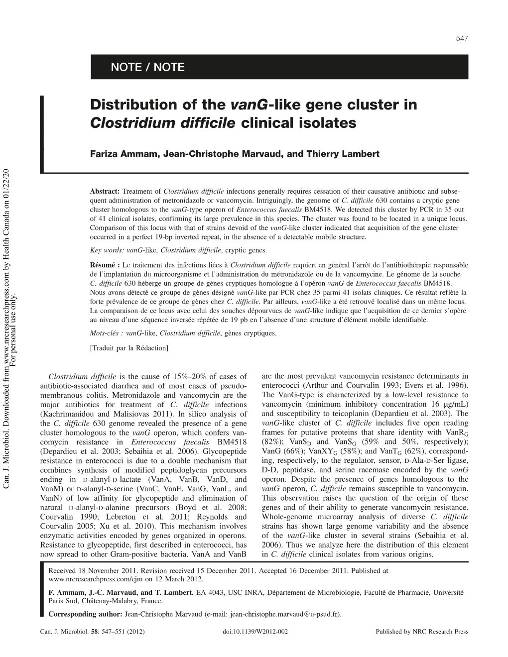 Distribution of the Vang-Like Gene Cluster in Clostridium Difficile Clinical Isolates