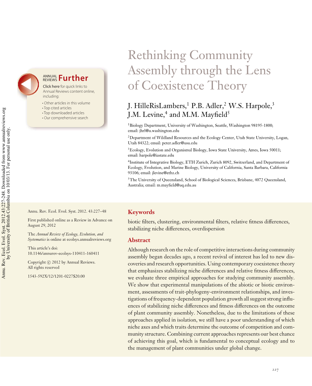 Rethinking Community Assembly Through the Lens of Coexistence Theory
