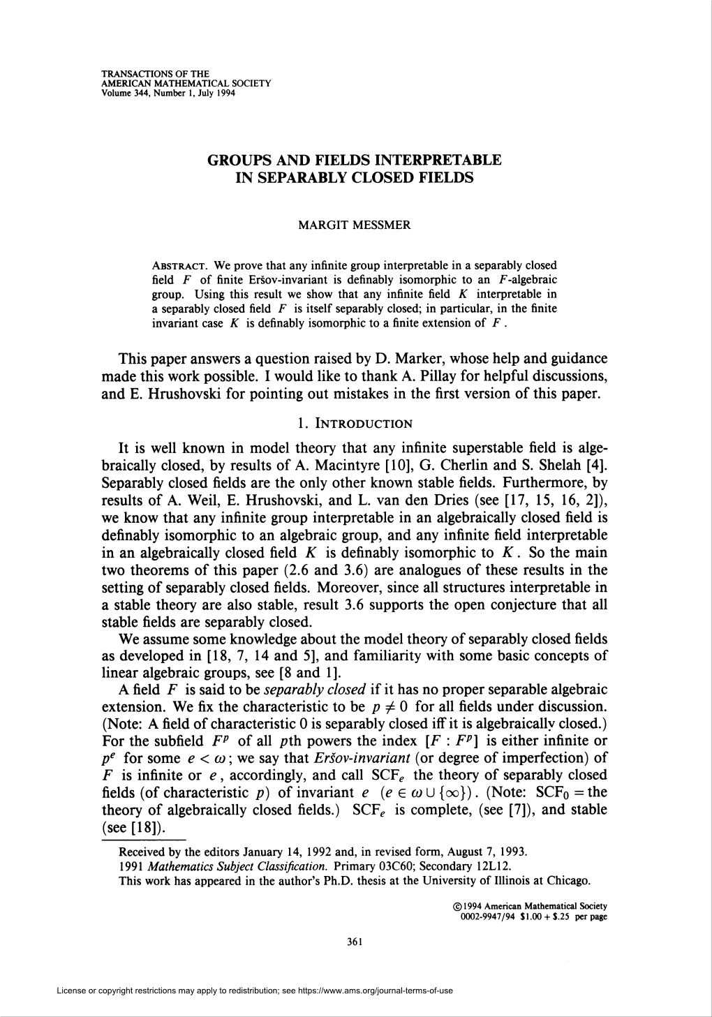 Groups and Fields Interpretable in Separablyclosed Fields