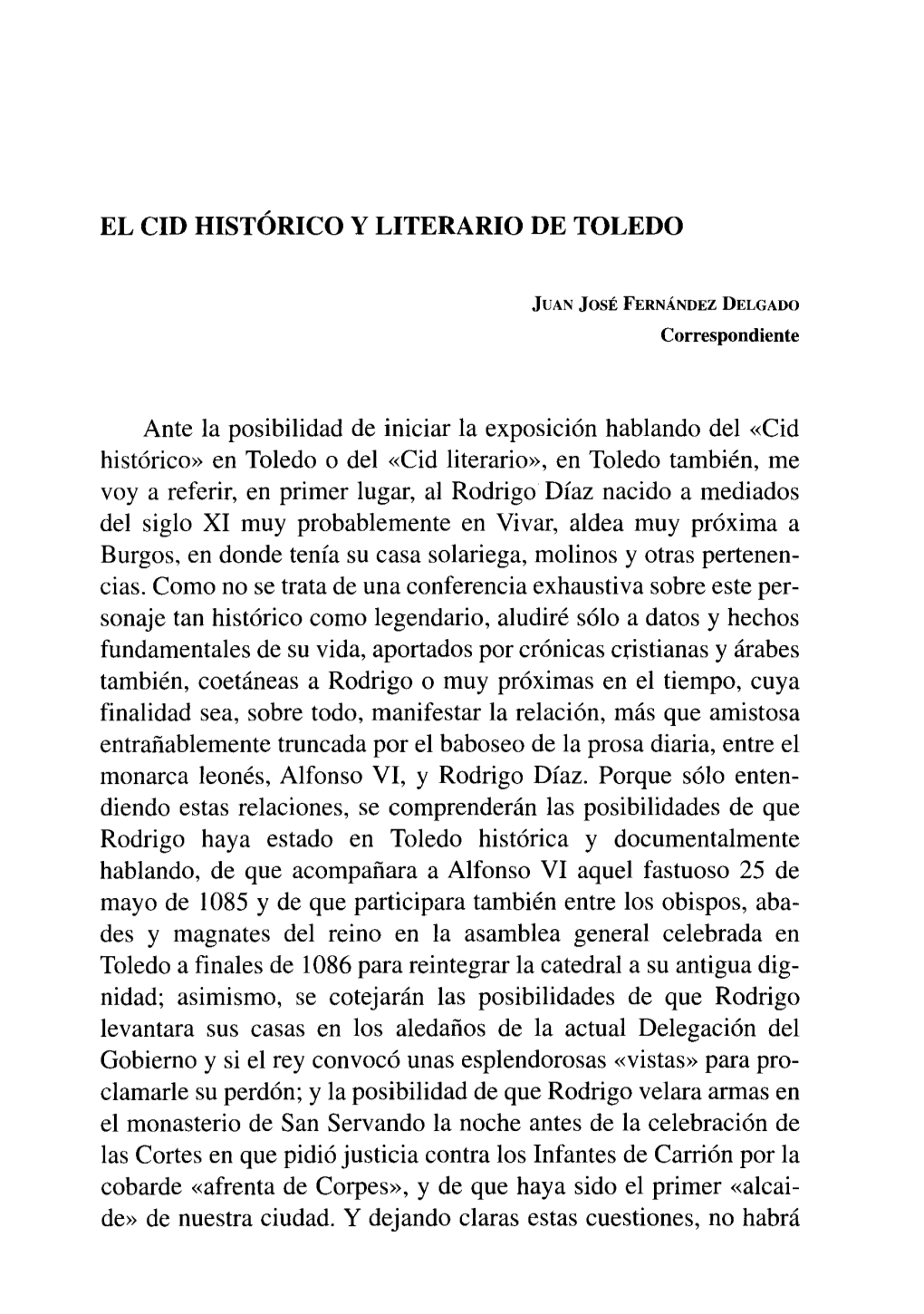 EL CID HISTÓRICO Y LITERARIO DE TOLEDO Ante La Posibilidad De