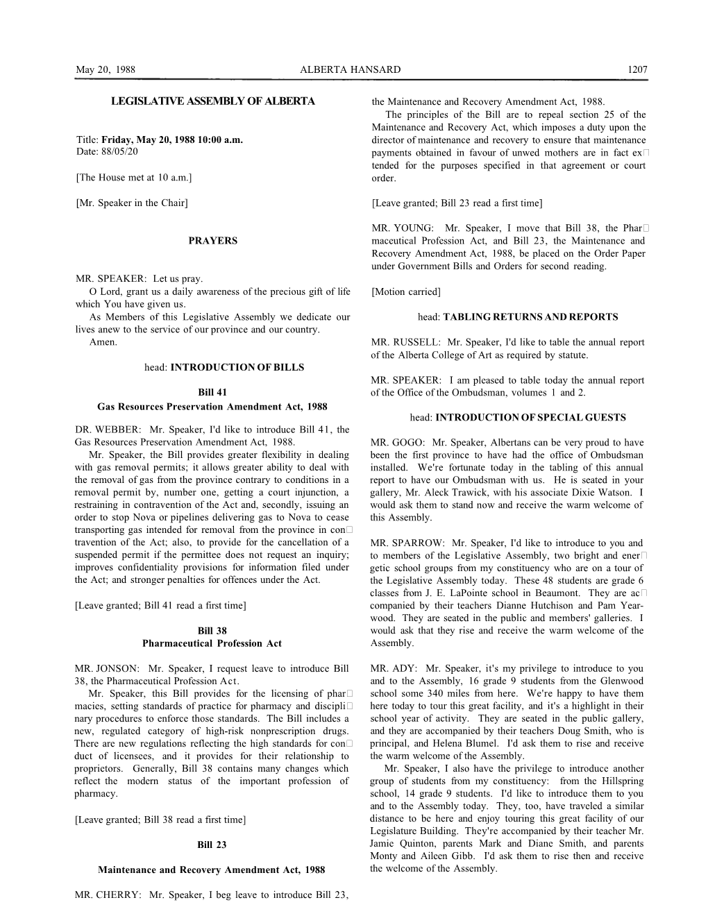 LEGISLATIVE ASSEMBLY of ALBERTA the Maintenance and Recovery Amendment Act, 1988