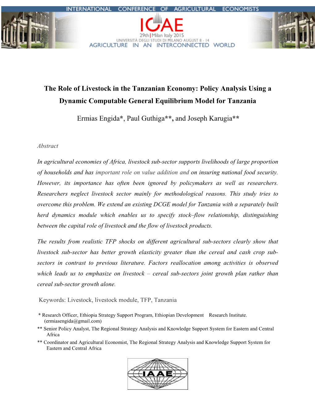 The Role of Livestock in the Tanzanian Economy: Policy Analysis Using a Dynamic Computable General Equilibrium Model for Tanzania