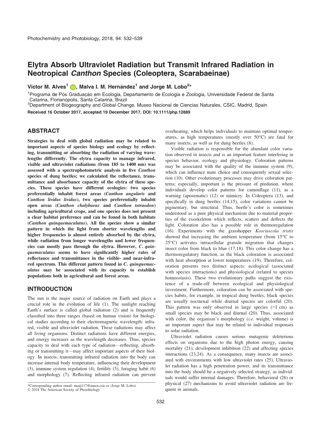 Elytra Absorb Ultraviolet Radiation but Transmit Infrared Radiation in Neotropical Canthon Species (Coleoptera, Scarabaeinae)