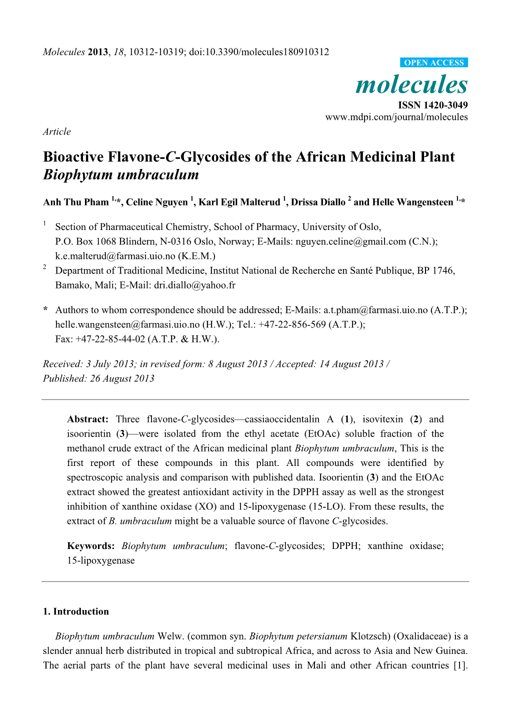 Bioactive Flavone-C-Glycosides of the African Medicinal Plant Biophytum Umbraculum