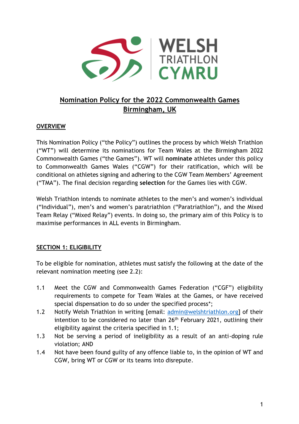 Nomination Policy for the 2022 Commonwealth Games Birmingham, UK