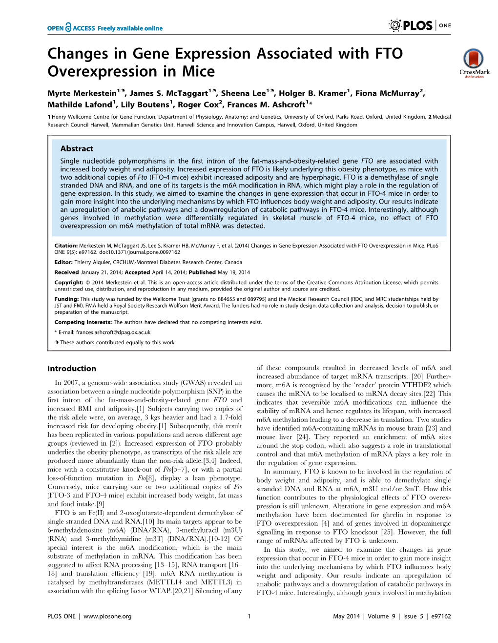 Changes in Gene Expression Associated with FTO Overexpression in Mice