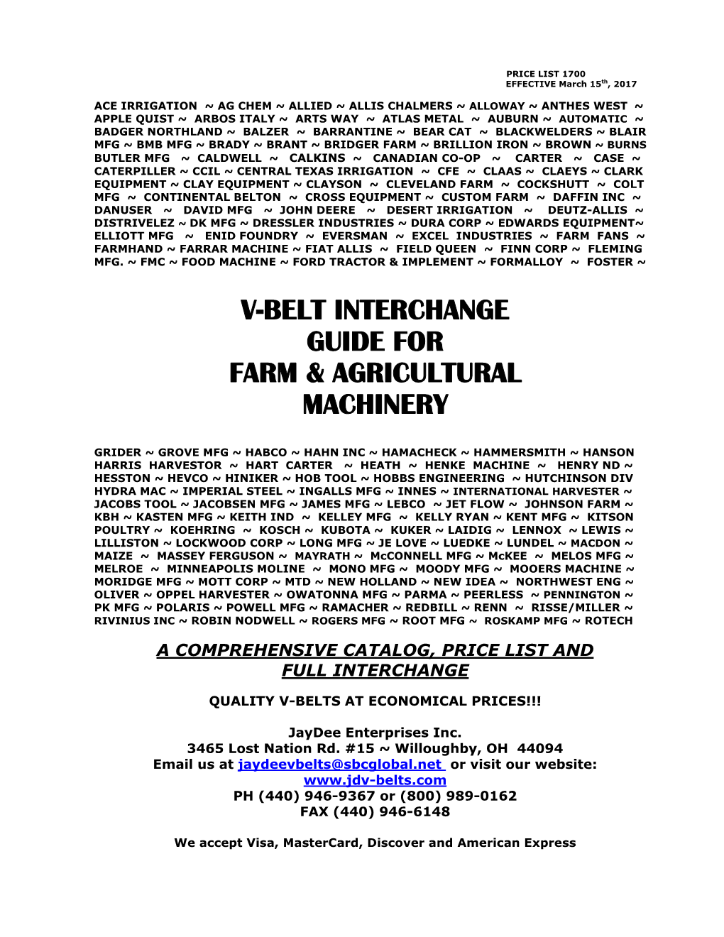 V-Belt Interchange Guide for Farm & Agricultural Machinery