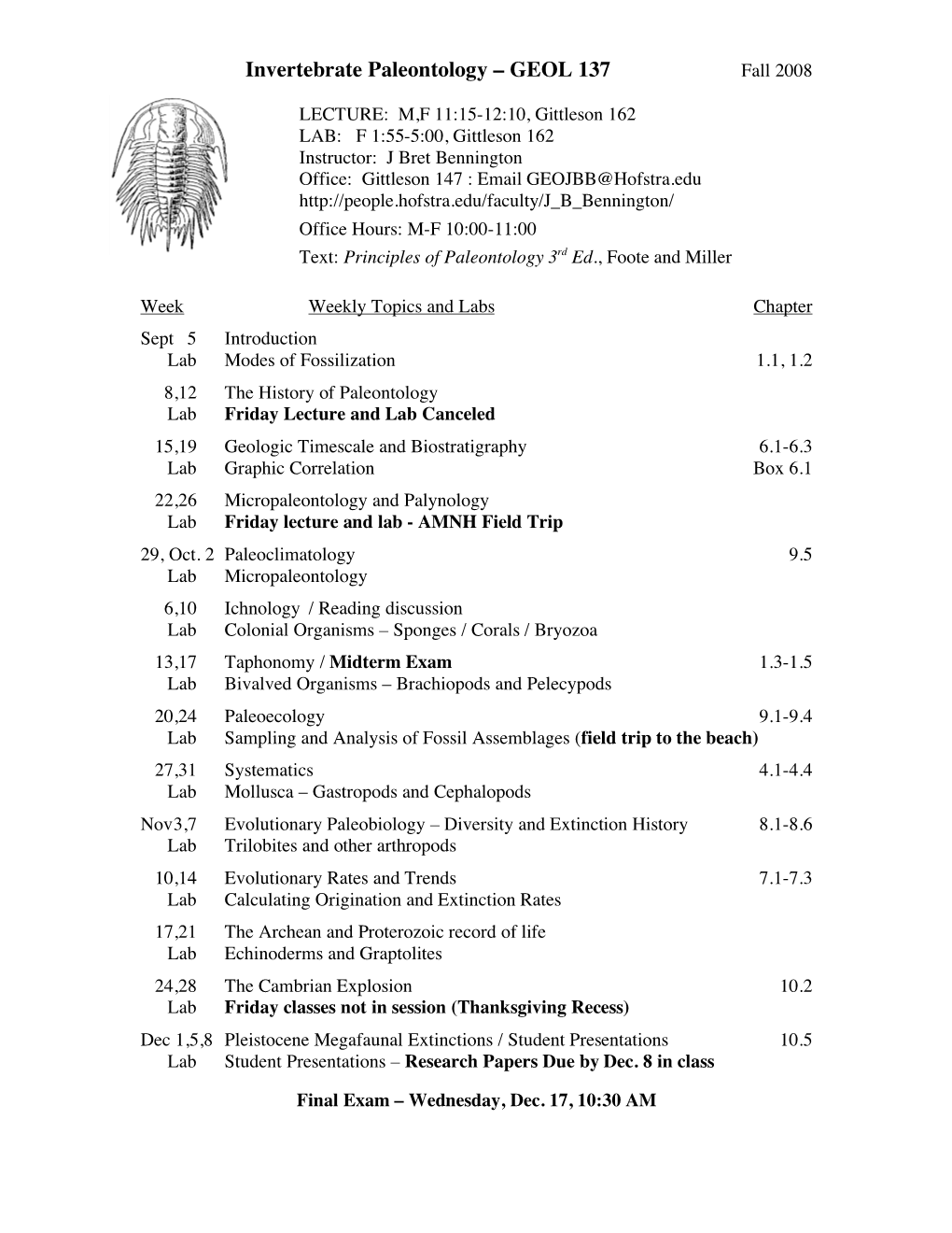 Invertebrate Paleontology – GEOL 137 Fall 2008