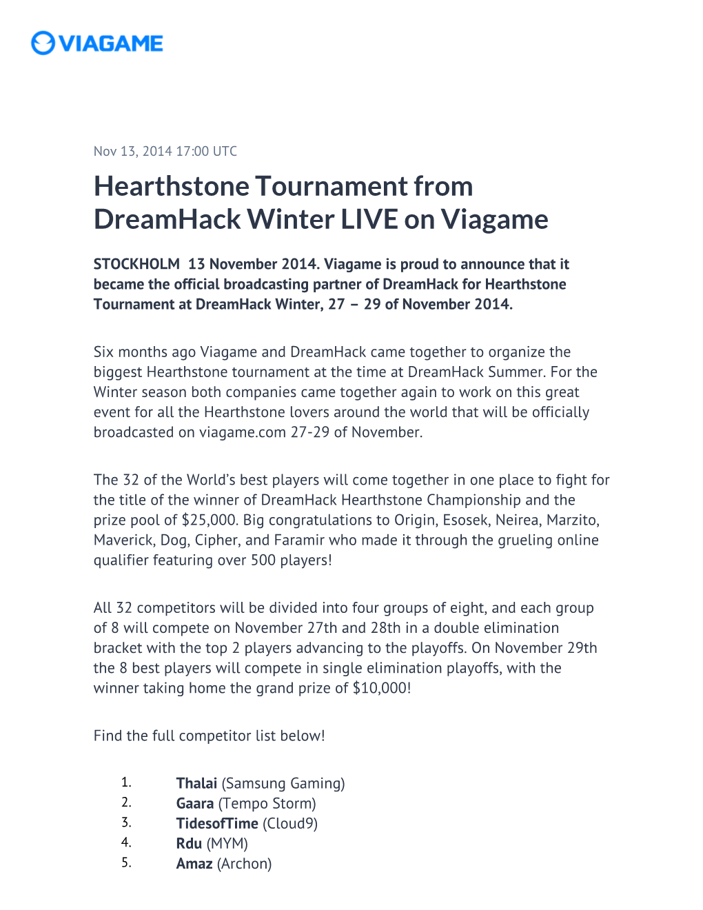 Hearthstone Tournament from Dreamhack Winter LIVE on Viagame