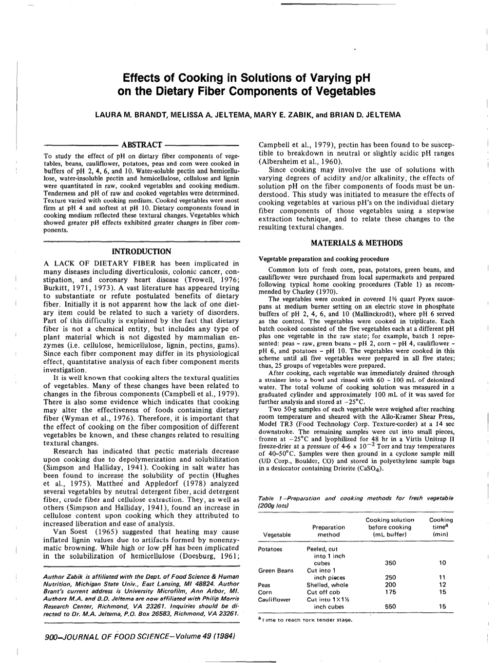 Effects of Cooking in Solutions of Varying Ph on the Dietary Fiber Components of Vegetables