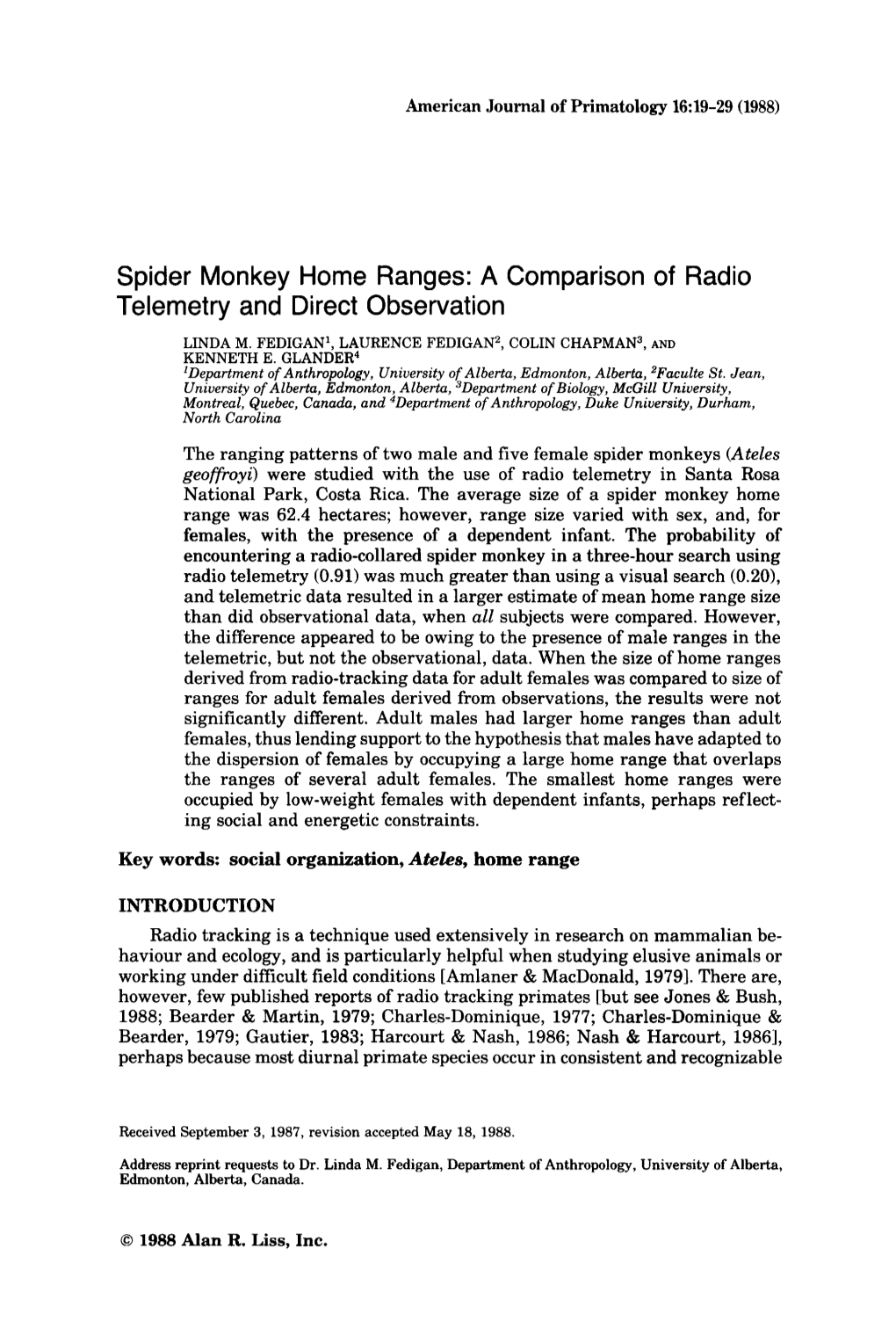 Spider Monkey Home Ranges: a Comparison of Radio Telemetry and Direct Observation